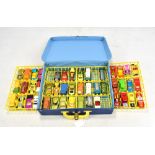 A Matchbox carry case containing forty-six Matchbox vehicles.