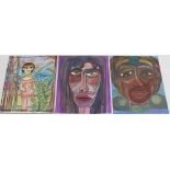 RITA MALONE (present); three acrylic abstracts, two abstract portraits,