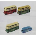 A collection of Dinky Toys c1950s buses comprising two Routemasters and an Airspeed type bus,