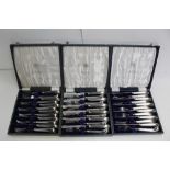 Three cases sets of Elkington plate brushed steel steak knives and forks, Walker & Hall (3).