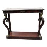 A Regency period rosewood console table with brass inlaid band to top,