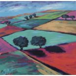 RICHARD PARGETER (b 1976); acrylic on board of a Fauvist agrarian landscape,