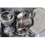 A quantity of mainly plated ware to include a circular tray with gallery rim, teapots, trays,