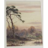 RICHARD WILLIAM HALFKNIGHT (1855-1925); watercolour, 'Forest Marsh at Twilight', landscape painting,