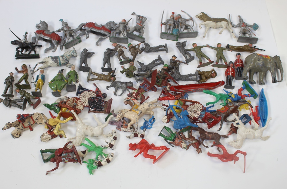 A collection of c1950s and later playworn Britains and other painted lead and cast plastic figures