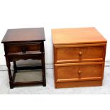 A small G-Plan bedside two-drawer cabinet, height 51cm and a carved oak single-drawer side table,