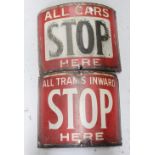 Two early 20th century original metal red enamel tram stop signs,