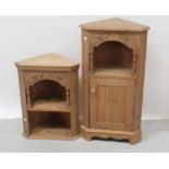 A small modern oak pine two-section corner cupboard,