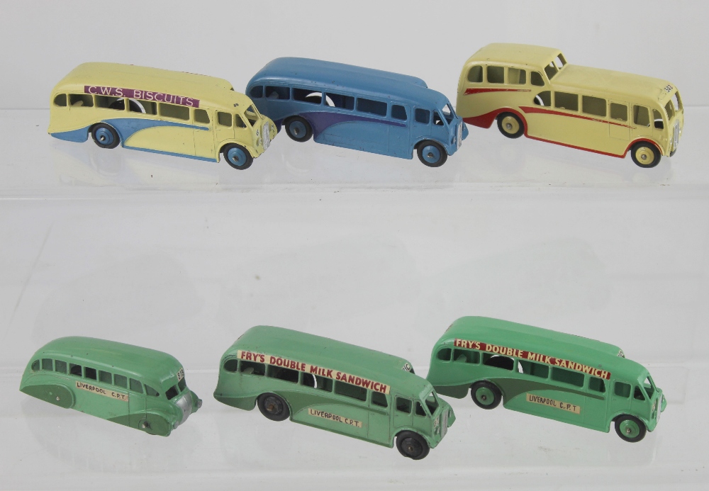 A collection of 1950s vintage Dinky Toys coaches comprising one Observation Coach,