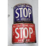 Two early 20th century original metal tram stop signs,