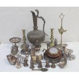 A collection of mixed metalware to include an Eastern brass jug with entwined double snake handle,