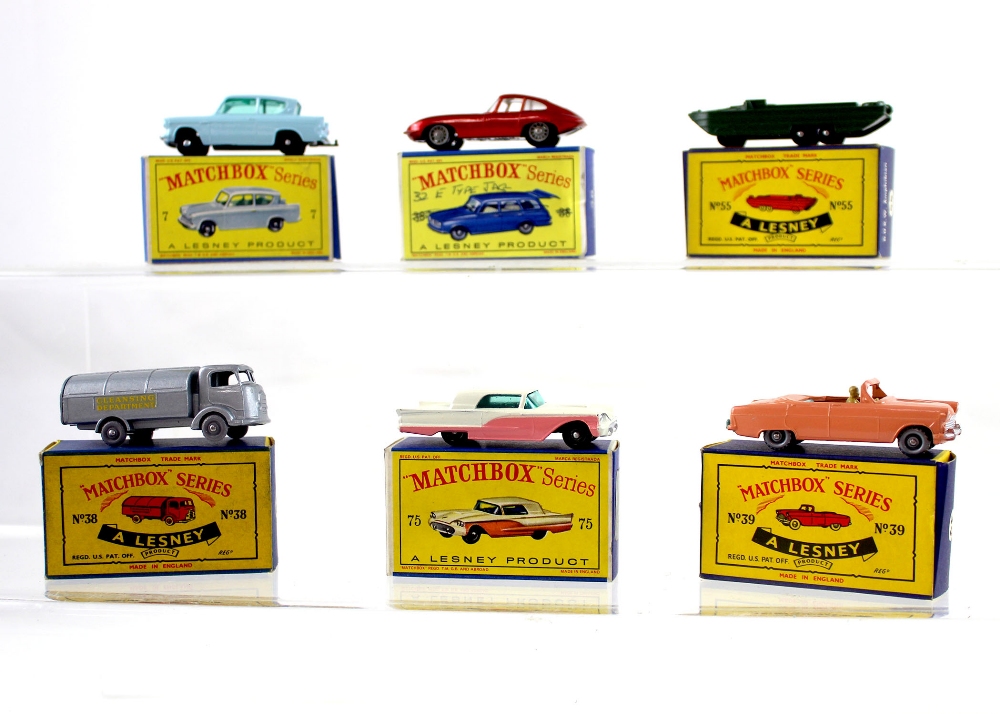 Six Matchbox Series diecast vehicles to include numbers 55, 39, 7, 75 and two number 38,