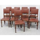 A good set of late 19th century oak dining chairs with upholstered backs and bow-shaped lumber