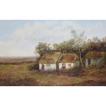 S STEWART (20th century); oil on board of a Highland or Irish cottage scene and moorland landscape,