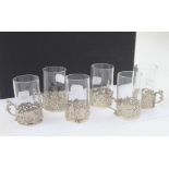 A set of six Edward VII tall glasses with hallmarked silver filigree and repoussé decorated holders,