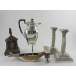 A pair of plated Classical column candle sticks on stepped square bases with bead rims,