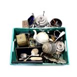 A quantity of plated ware and other metal ware to include teapots, wine cooler, decorative bowl,