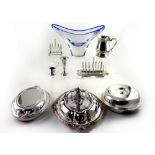 A quantity of plated ware to include toast racks, serving dishes etc, and a retro vase and bowl.