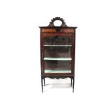 An Edwardian mahogany inlaid and floral painted display cabinet, single glazed panel to either side,