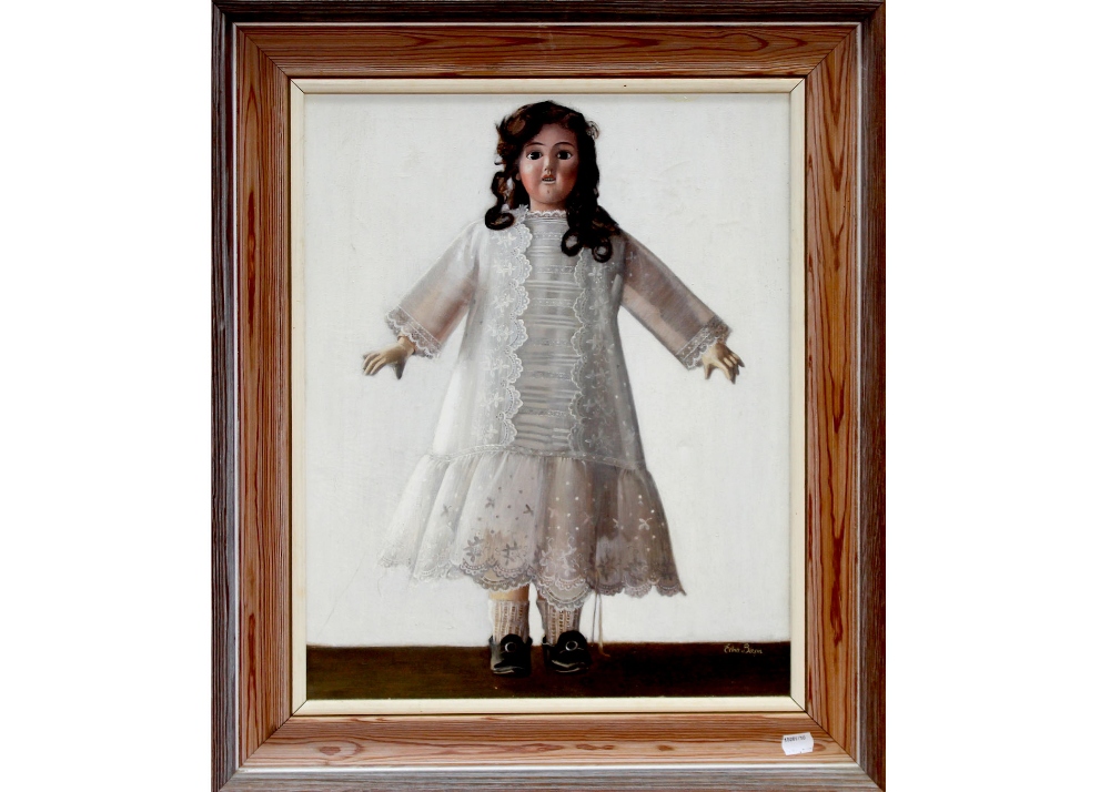 EDNA BIZON; oil of a china doll in Edwardian white lace dress, 50 x 42cm, framed.