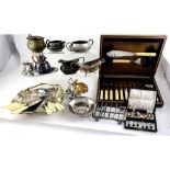 An oak case containing a six-piece set of plated fish knives and forks and server,