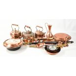 A mixed group of copperware including two warming pans, teapot, etc.