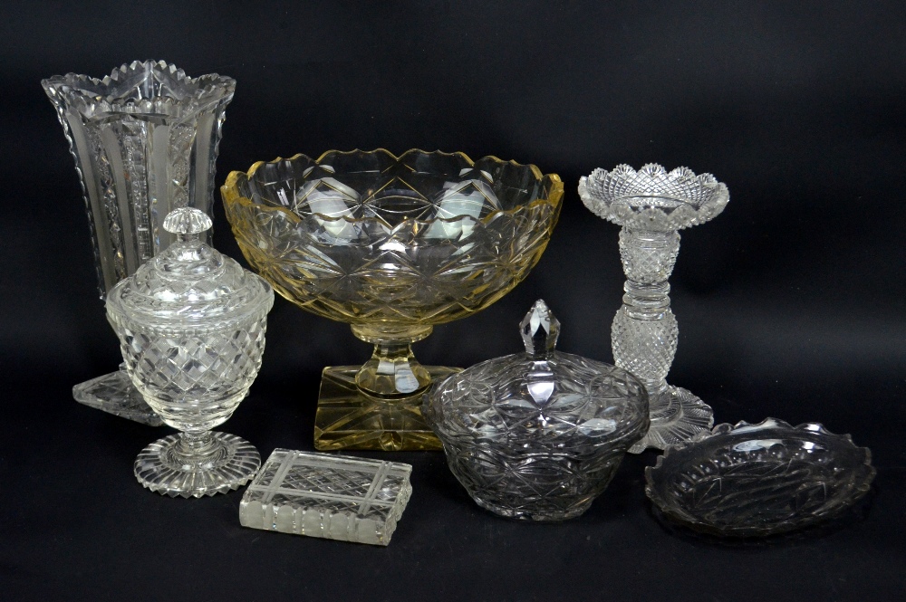 A small group of clear cut glass including vase, height 24.5cm, single candlestick, oval bowl on