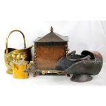 A beaten coal box, a brass pan, watering can and coal scuttle (4).
