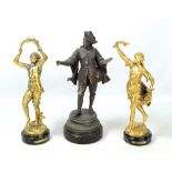 AFTER AUGUSTE MOREAU; a pair of gilt figures, 'Danse der Blés' and 'Vendange', on turned circular