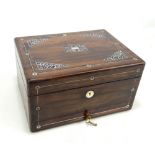 A rosewood and mother of pearl inlaid vanity box with restored green baize lined interior and