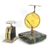 A pair of early 20th century French postage scales on onyx base, height 17cm, and an English pair of