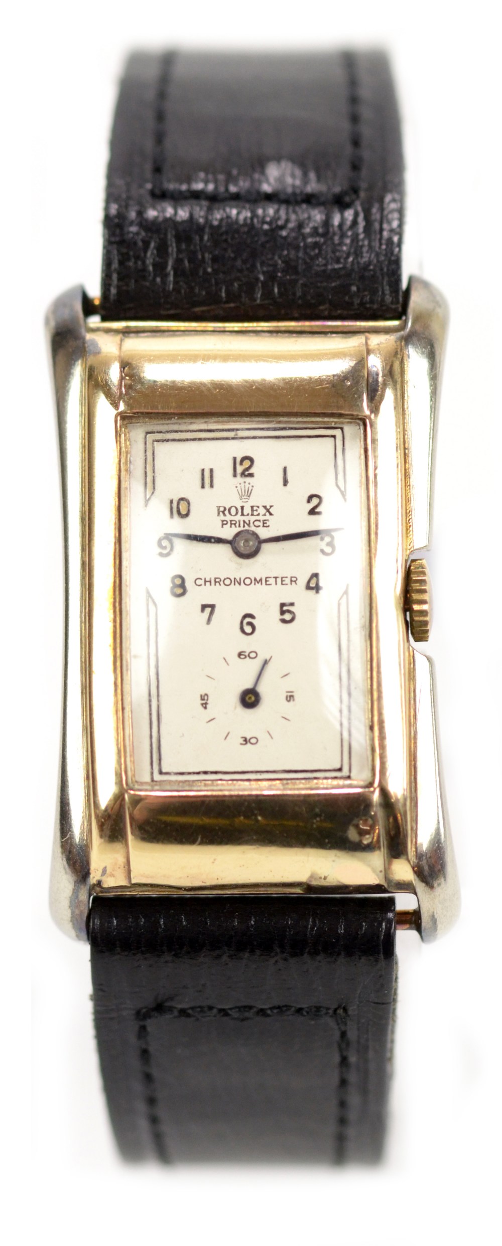 ROLEX PRINCE; an original 1930s 9ct yellow gold Art Deco wristwatch with tonneau case, the