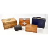 A two division tea caddy with chromed mounts, width 23cm, three further boxes and small briefcase (