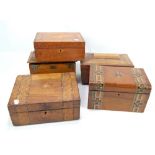 Three early 20th century inlaid sewing boxes, also a Victorian tea caddy, 1920s oak box with brass