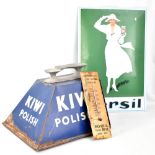 A Kiwi Polishes shoe shine advertising stand, 42 x 37 x 32cm, and a Bovril advertising