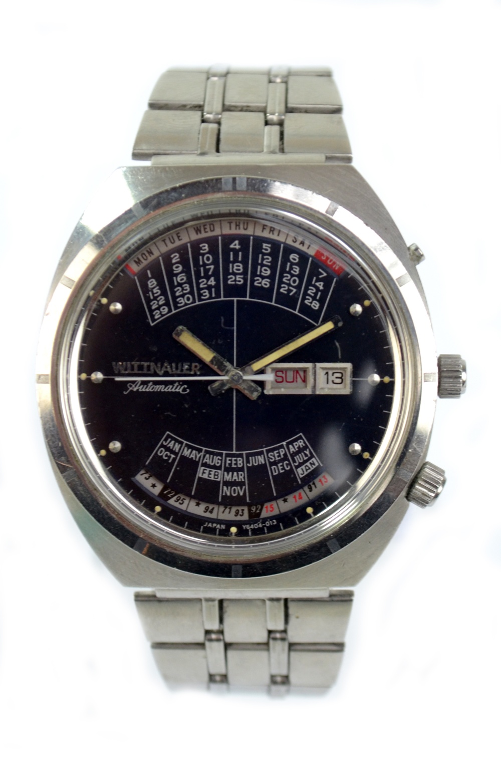 LONGINES-WITTNAUER; a stainless steel perpetual calendar day date automatic wristwatch, diameter