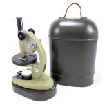 A Russian tin cased monocular microscope, height 40cm.