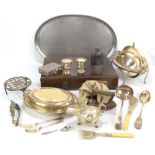 A group of metalware including brass nutcracker, lunch tin, plated tureen, iron, etc.