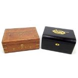 A leather bound jewellery box with fitted interior, 23 x 16.5cm, and a further inlaid brass