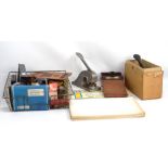 A collection of vintage stationery equipment to include an oak deskette, original blotting paper,