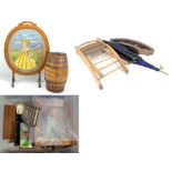 A mixed group of collectors' items including coat rack, two umbrellas, boxes, pressed flower