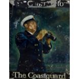 A large double sided painted rectangular sign, one side featuring Naval officer holding binoculars