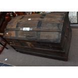 An iron bound dome topped travelling trunk, width approx 93cm, also a copper coal scuttle and