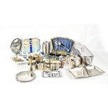 A mixed group of metalware including plated and stainless steel flatware, a cased set of