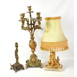 A five branch spelter candelabra with green onyx base, also two cherubic lamps (3).