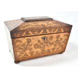 A Victorian rosewood and birdseye maple inlaid two division sarcophagus tea caddy on bun feet,