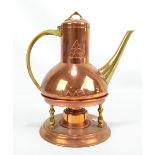 J P KAYSER & SON; an Arts and Crafts copper and brass spirit kettle on stand with relief decoration,