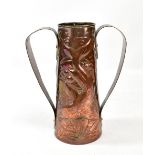 NEWLYN; a beaten copper twin handled vase with stylised fish amongst seaweed in relief to both