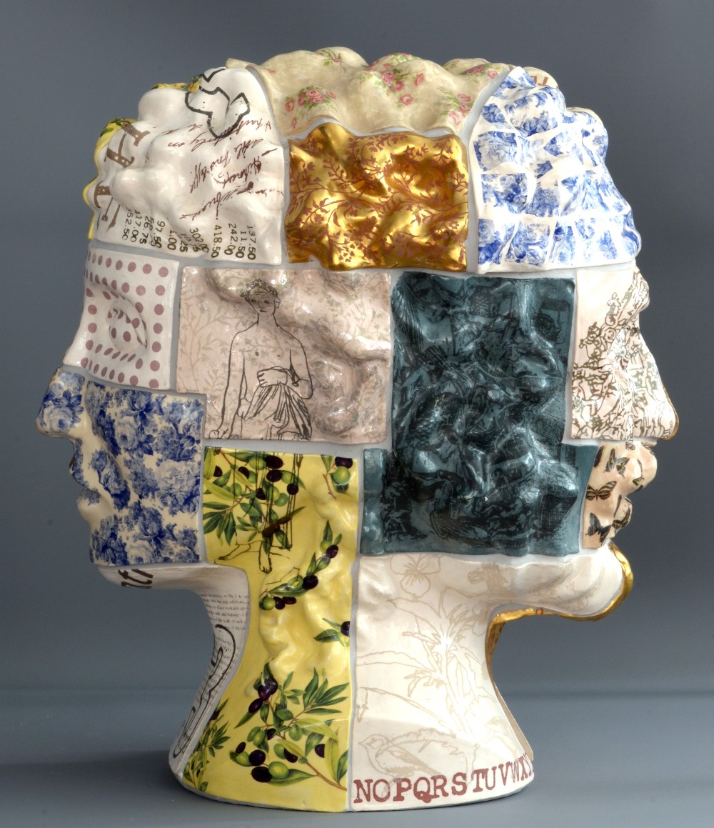 STEPHEN DIXON (born 1957); Janus Head (2010), earthenware with transparent glaze decorated with a