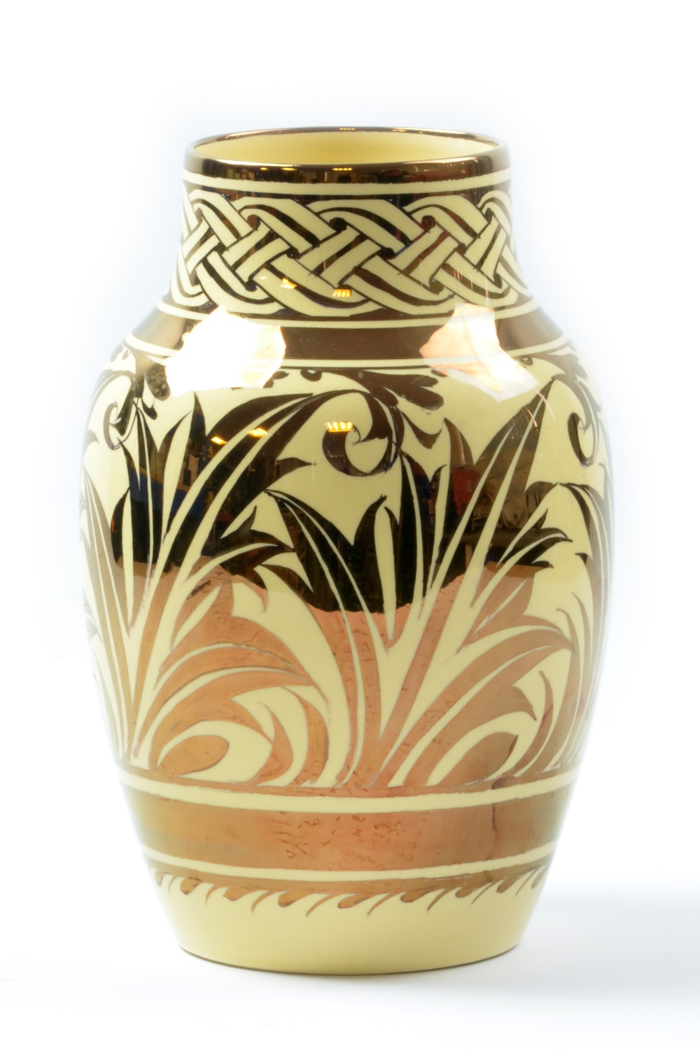 GORDON FORSYTH (1879-1952); a white earthenware Athena vase, copper lustre interlace pattern and